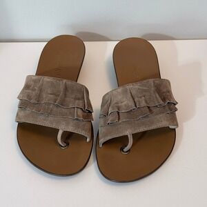 Paul Green Ruffle Suede Toe Loop Sandals Women 4.5 Taupe minimalist, cottagecore